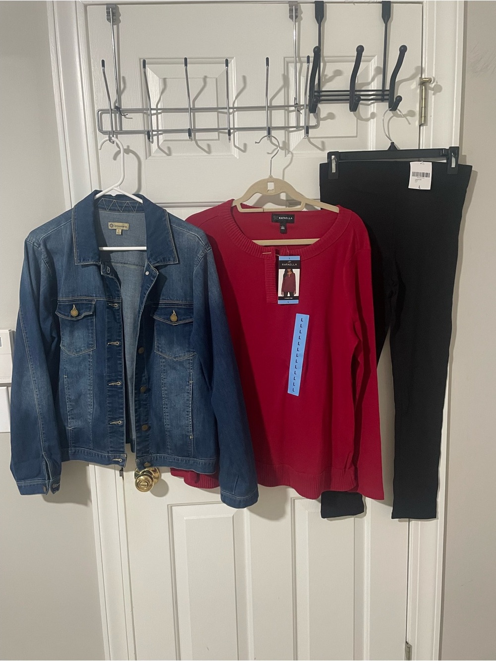 Democracy lg Denim Jean Jacket rafaella nwt red sweater leggings new large